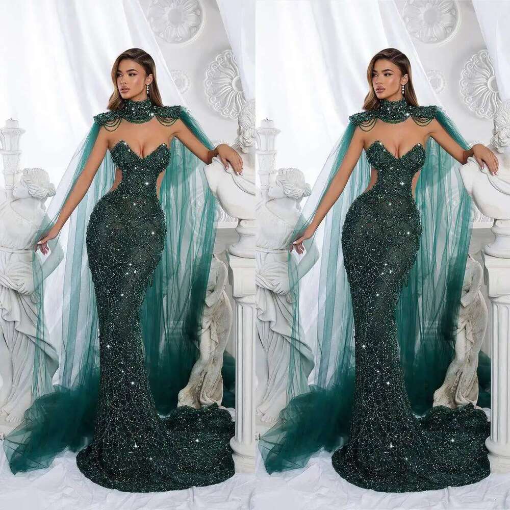 Real Beading Lace Mermaid Prom Dresses, Sexy High Neck Sequined Formal Party Sweep Train Evening Dress, Custom Made
