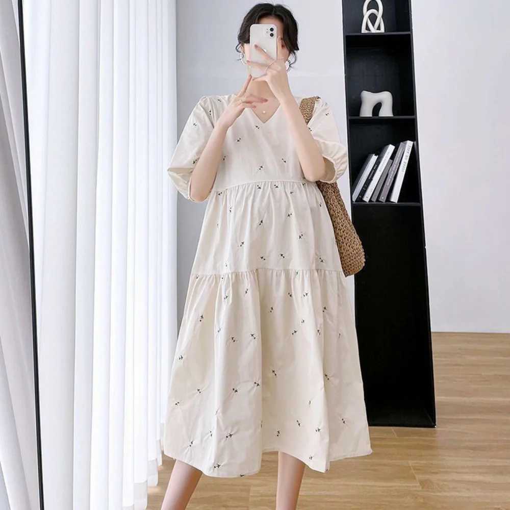 2023 Summer Korean Fashion Maternity Long Dress Elegant Party A Line Short SleeveClothes for Pregnant Women Ins PregnancyT250311