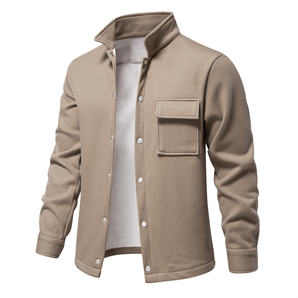 fashion Autumn/spring New Collection With Velvet And Thickened Waffle Men, Flip Collar Cardigan Pocket Jacket, Top For Men