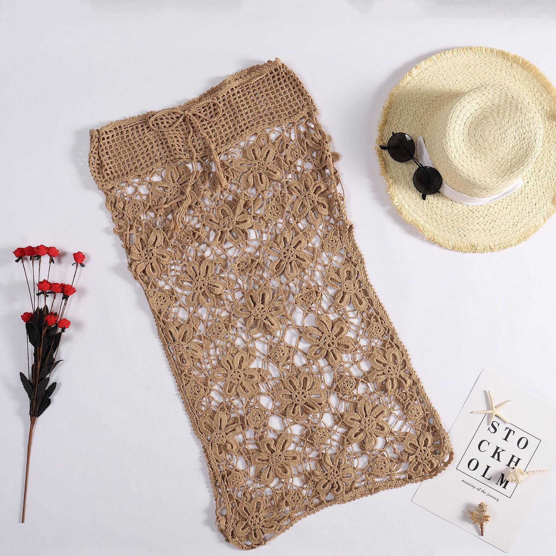Knitted Women's Vacation Sun Protection Sexy Hollow Out Hand Hook Flower Woven Knee High Beach Skirt