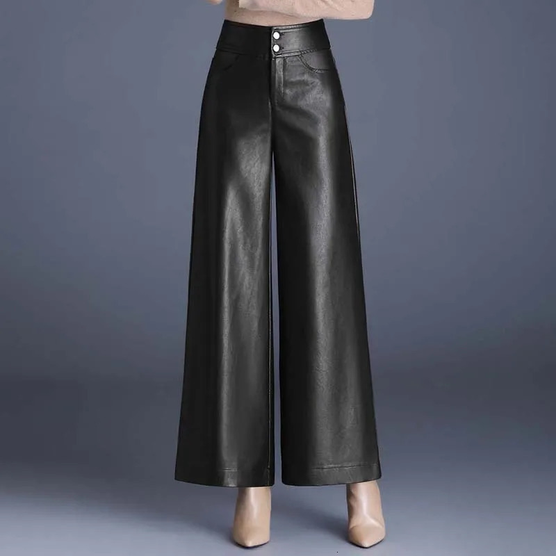 Autumn and Winter Solid Color High Waist Wide Leg Pants Casual Loose Straight Pants Slimfit Warm Pu Leather Pant Women 250305