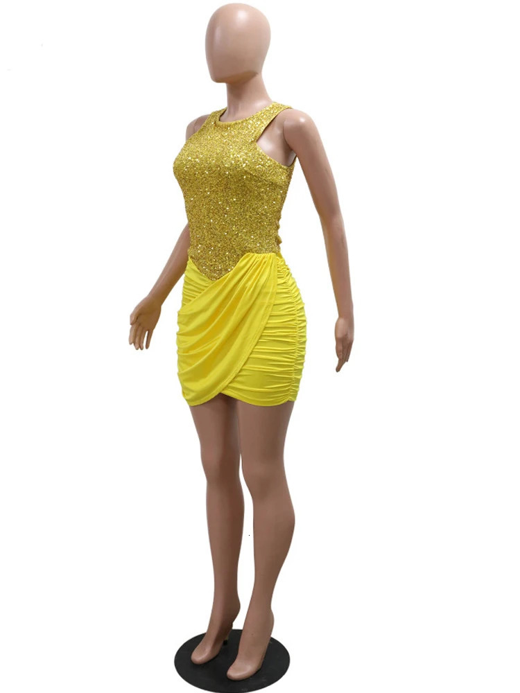 Kricesseen Yellow Sequins Patchwork Irregular Ruched Bodycon Birthday Dresses For Women O-Neck Sequins Night Out Dress Clubwear 250310