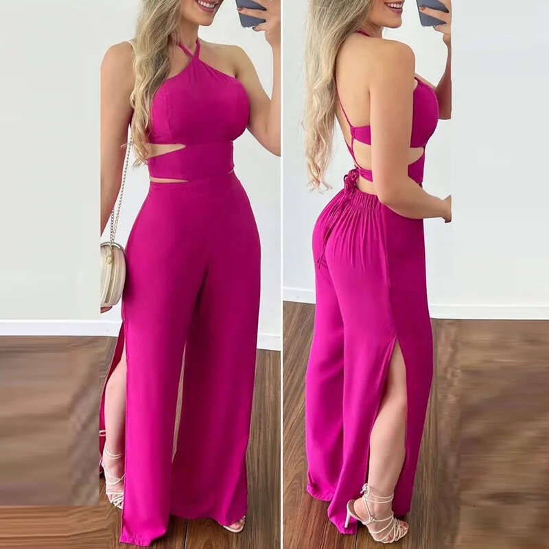 Ladies' Temperament Sexy Hanging Neck Hollowed Out Slim Fit Backless Split Jumpsuit 661 KLMY