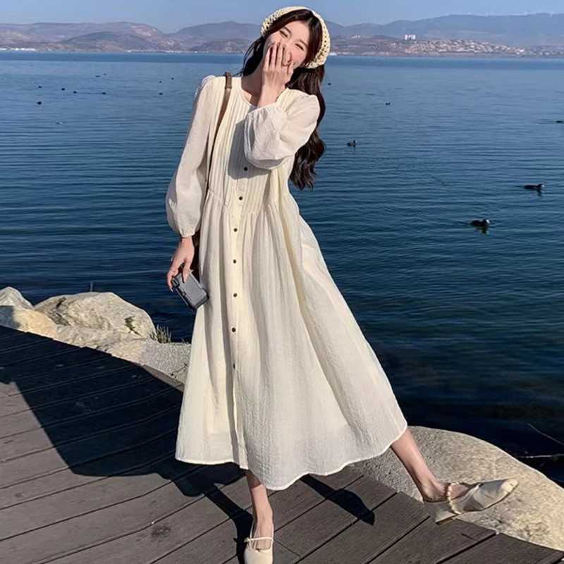 2025 Spring Maternity Holiday Clothes Plus Size Pregnant Woman Long Sleeve Beach Dresses Single-breasted Pregnancy Shirts DressT250311