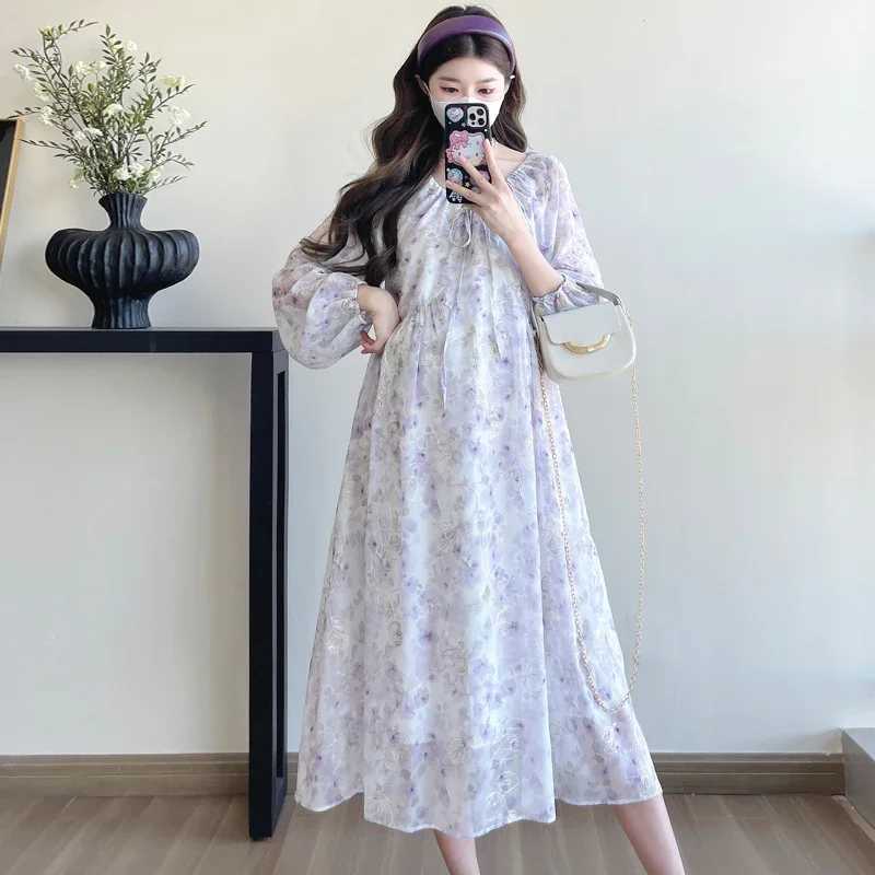 Plus Size Pregnant Woman Floral Dress for Spring Long Sleeve Fashion Embroidery Maternity Beach Dress with Liner Holiday ClothesT250311