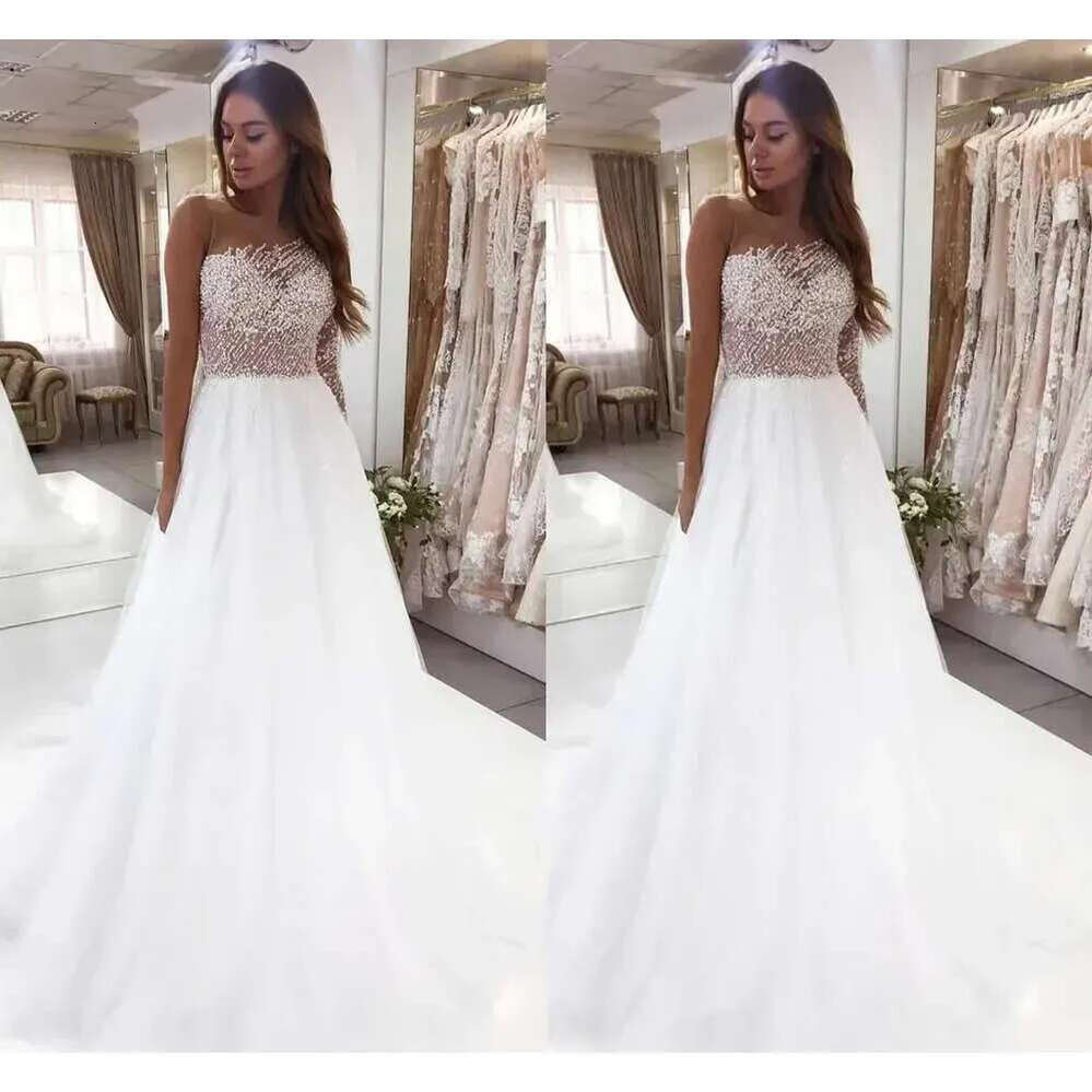 White Sweet Wedding Dresses Sexy Sheer Jewel Neck Beads Sequined Top A E Party Bridal Reception Gowns Women Formal Vestidos Custom Made BC