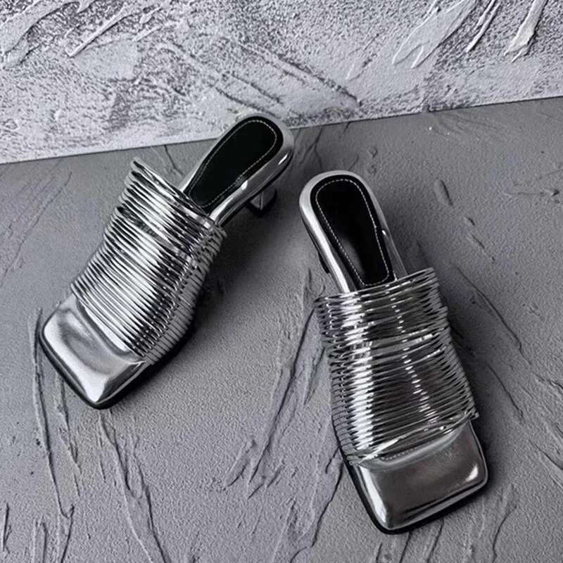 Stiletto Square Toe Summer Shiny Solid Color High Heels Casual Half Slippers Shoes for Women Designer Sandals