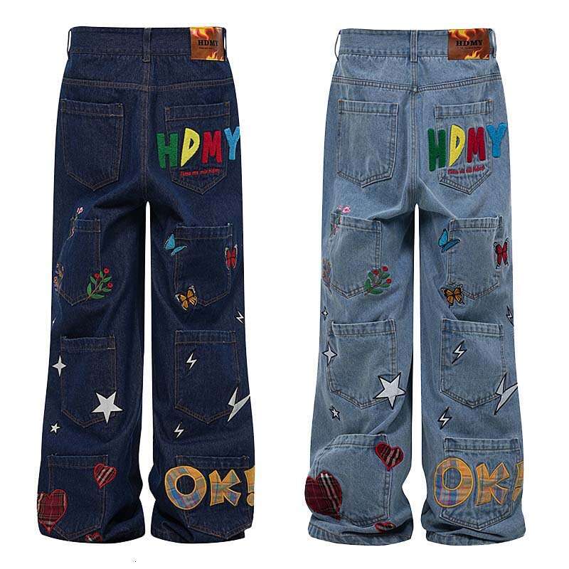 American Style Jeans For Men, Washed With Multiple Pockets, Butterfly Lightning Letter Embroidery, Wide Leg Loose Long Pants