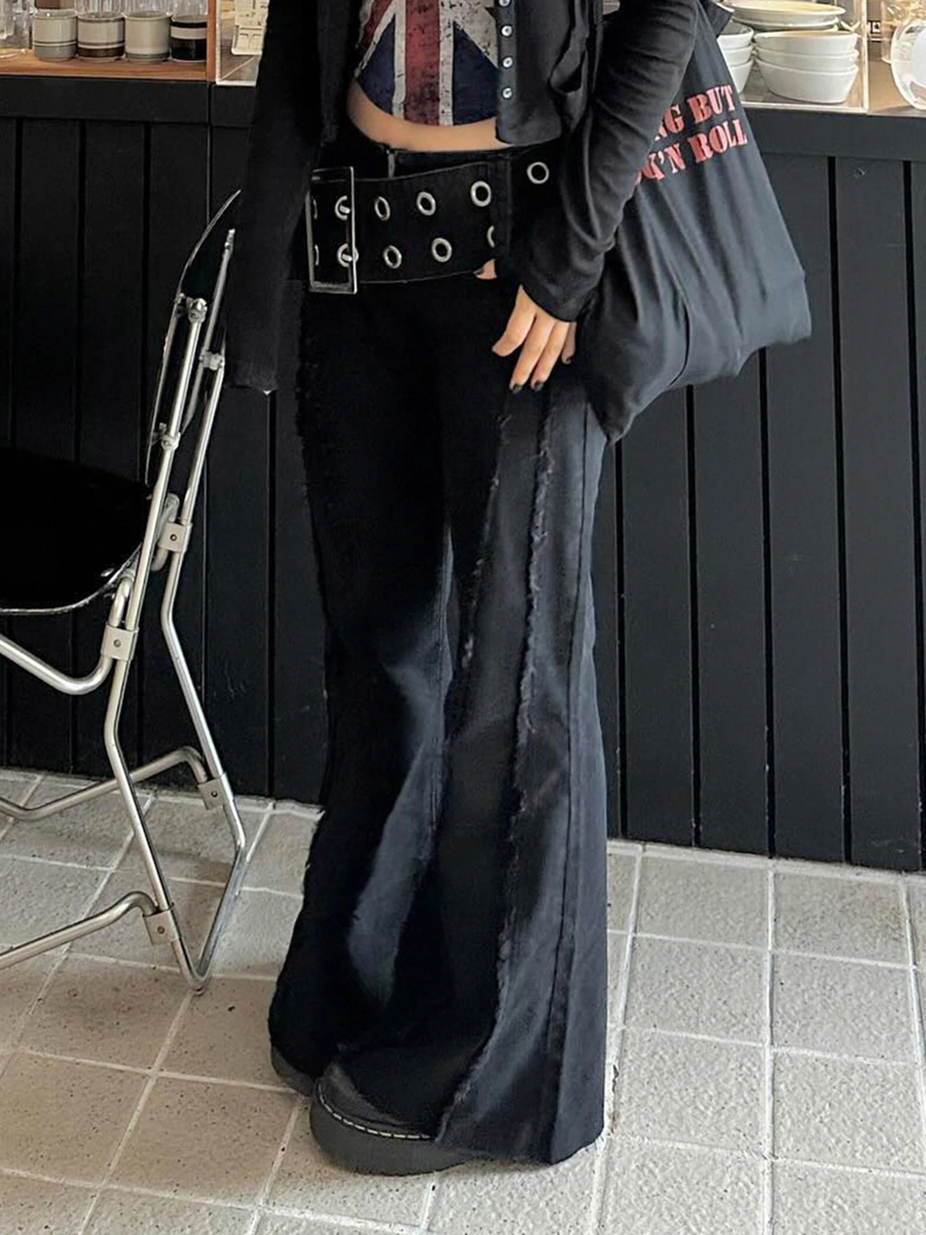 Cuteandpsycho n wide waistband fulllength pants low waisted metal buckle Y2K glitter jeans streetwear pockets cotton sole 250311