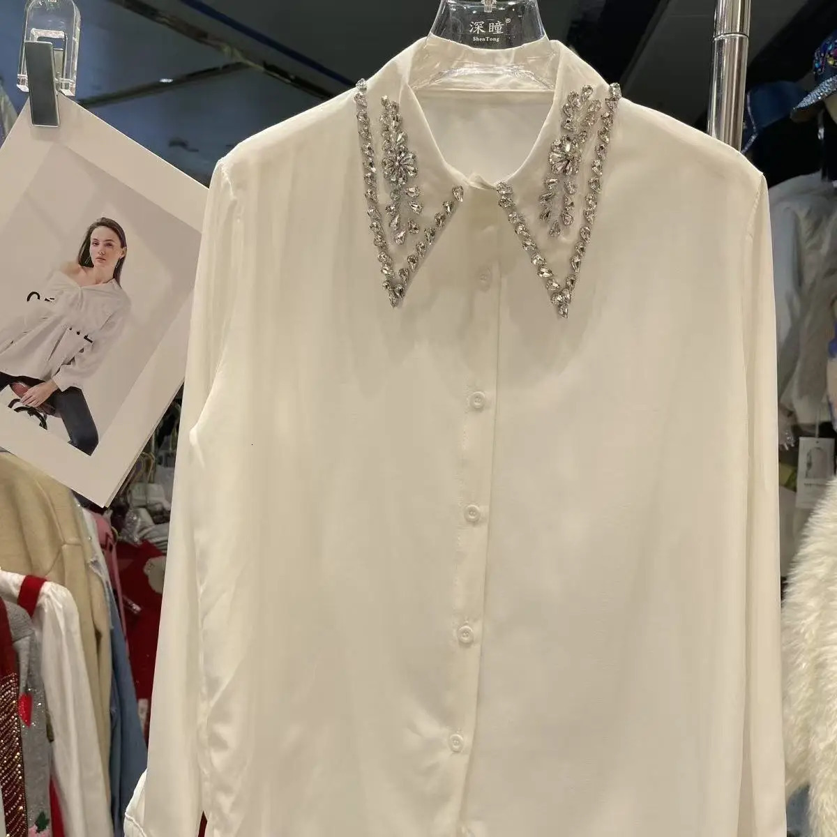 In Autumn Spring Sparkle Diamonds Stitch Elegant White Blouses Shirts for Womens Long Sleeve Versatile Tops Clothing 250311