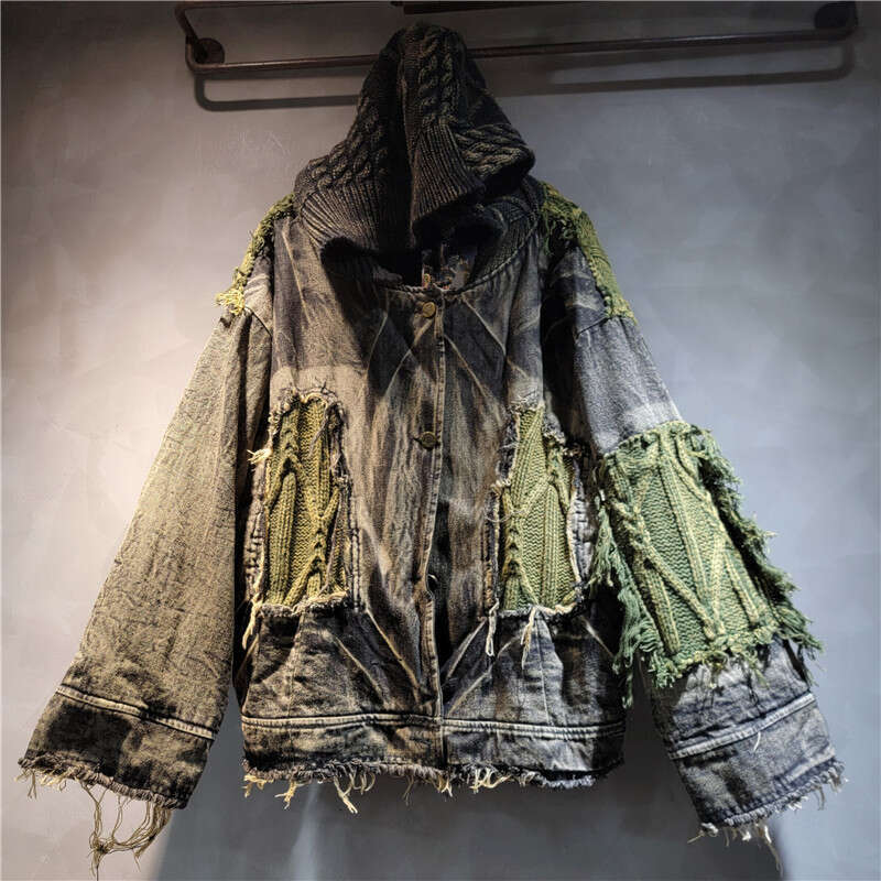 Personalized Distressed Denim Stitching Fried Dough Twists Wool Contrast Hooded Cardigan Thickened Plush Short Coat For Winter Women