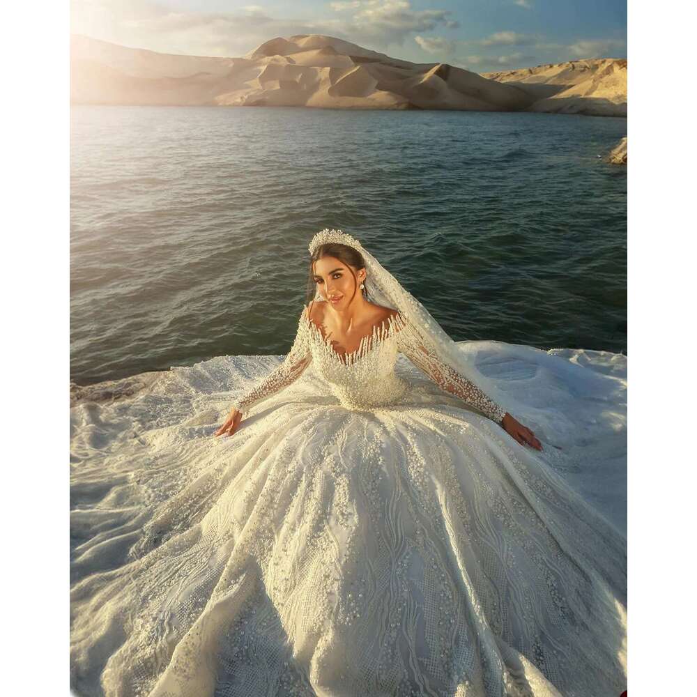 Long Sleeve Laces Beading Bridal Dresses, Royal Sexy Ball Gown, Glitter V Neck, Custom Made Dress