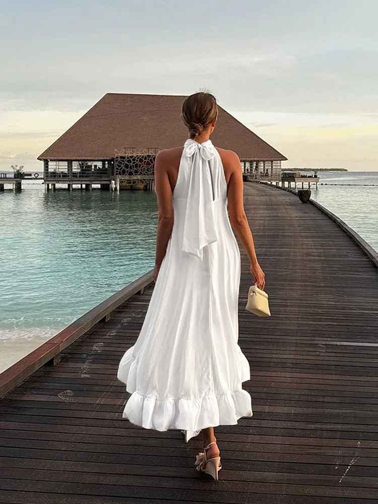 Summer Lady Sexy Open Back Halter Dress For Women Elegant White Off Shoulder Loose Aline Dresses Highstreet Party Robe 250311