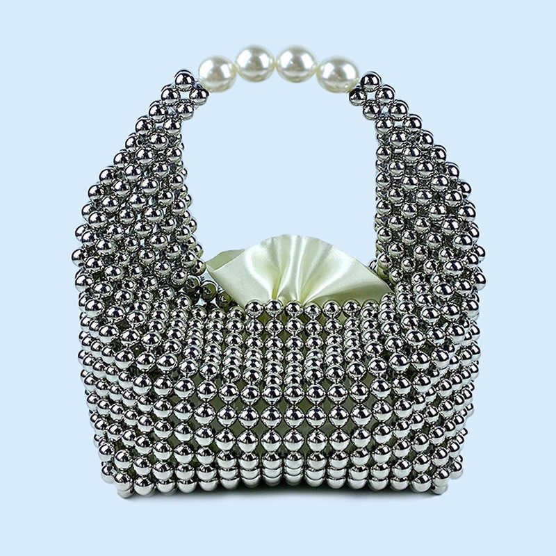 Same Style Premium Texture Pure Handmade Silver Beaded Pillow Bag Banquet Bag Fashion Versatile 250315