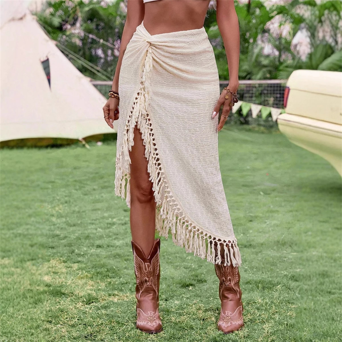 Women Tassels Irregular Skirt Retro In Sexy Skirts Spring Summer Hollow Out Clothing Lady Beach Music Festive Vacation 250311