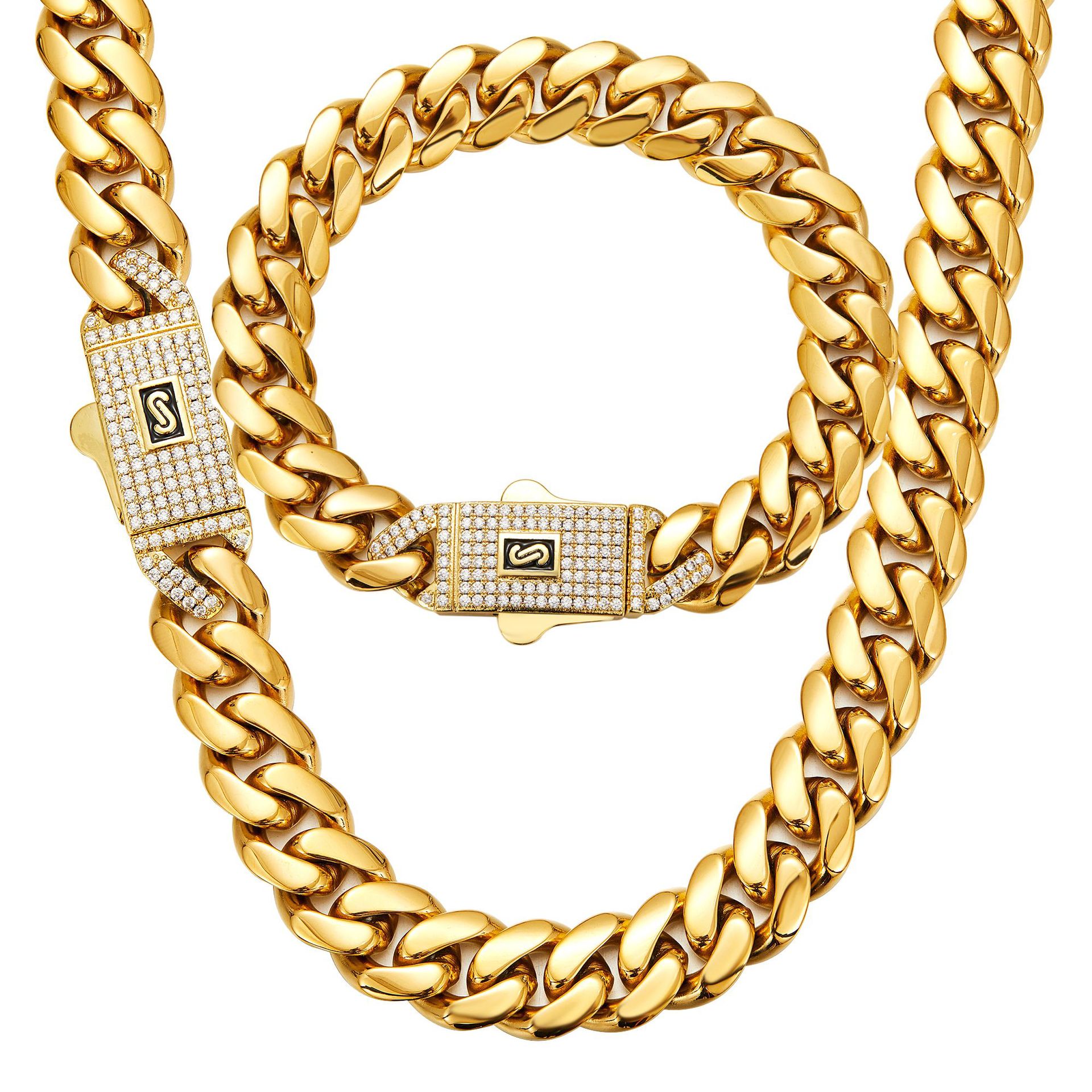 Hip Hop Solid Stainless Steel Cuban Chain Necklace Bracelet Jewelry Spring Clasp Accessories