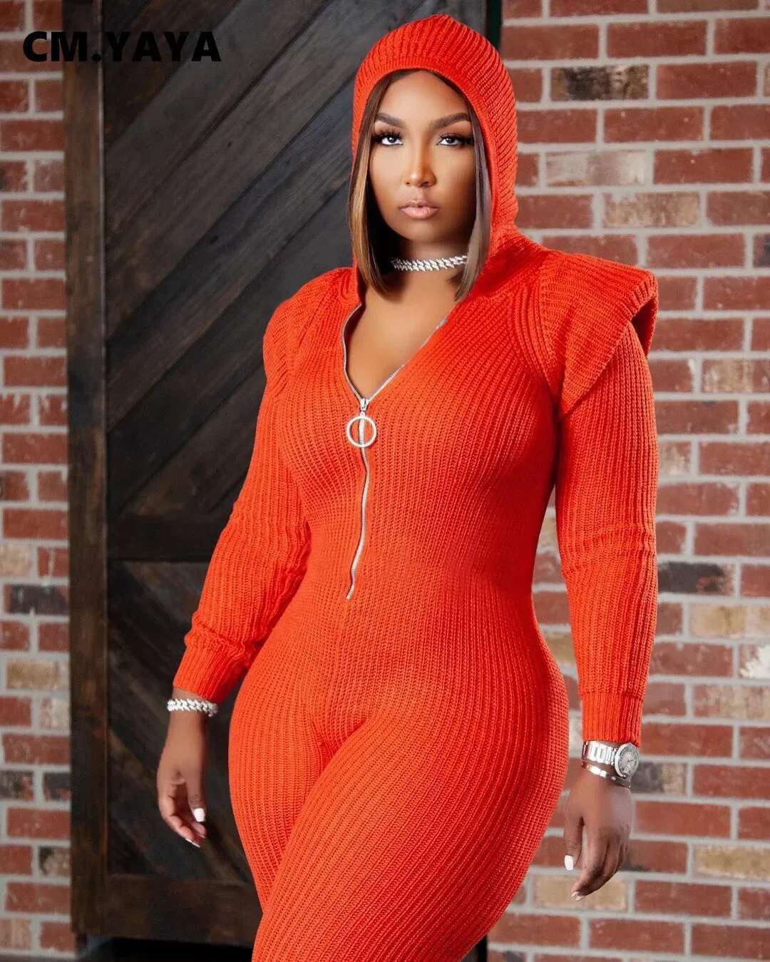 Cm.Yaya Winter Spring Knitted Women Zipper Fly Hooded Solid Sexy Jumpsuit Elegant Long Sleeve Romper One Piece Overalls Playsuit