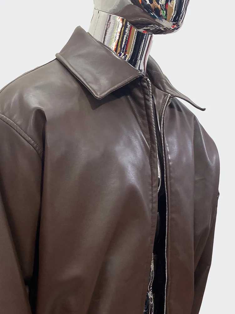 Nerazzurri Spring Autumn Cool Short Oversized Warm Brown Pu Leather Jacket Men Zipper Loose Casual Korean Fashion Clothes 2024T250311