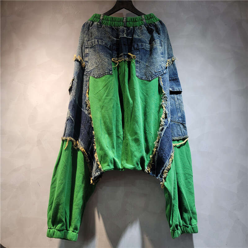 Design Sense, Street Fashion, Cool Personality, Vintage Style, Color Blocking, Elastic Waisted Denim Fashion Set, Big Crotch, And Baggy Pants