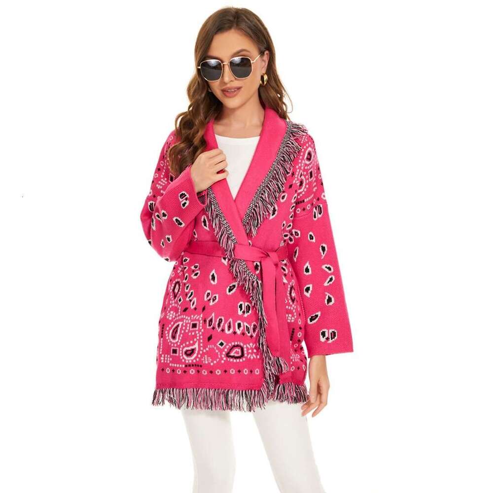 Fashionable Autumn And Winter Ethnic Style Jacquard Thick Sweater Cardigan Niche High-End Feeling Rose Red Tassel Jacket For Women