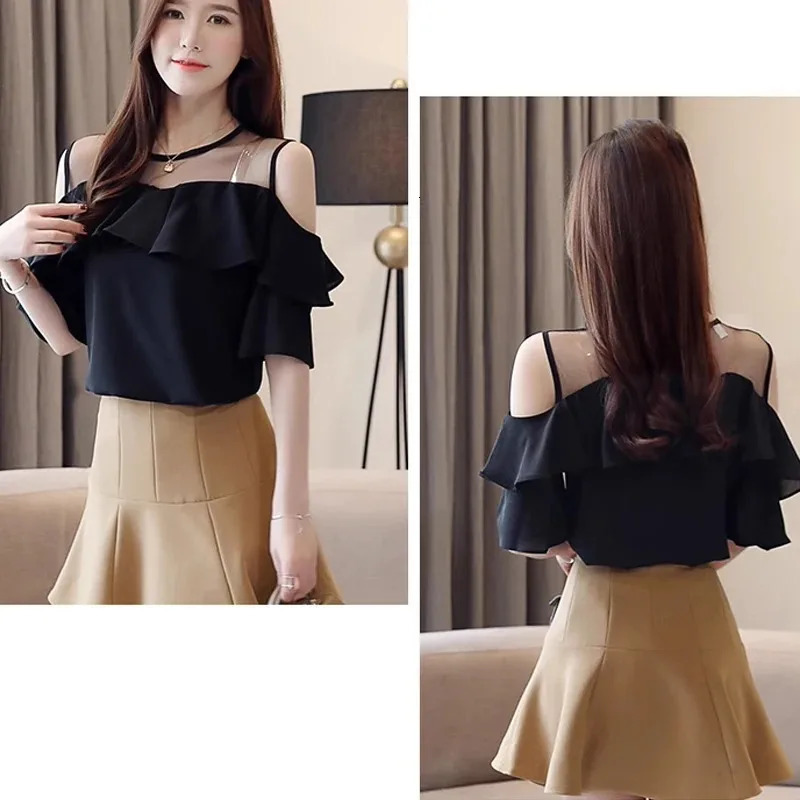 Womens Round Collar Mesh Chiffon Blouse Short Sleeve Ruffles Tops Sexy Off Shoulder Shirt Solid Color Clothes Summer 4206 250310