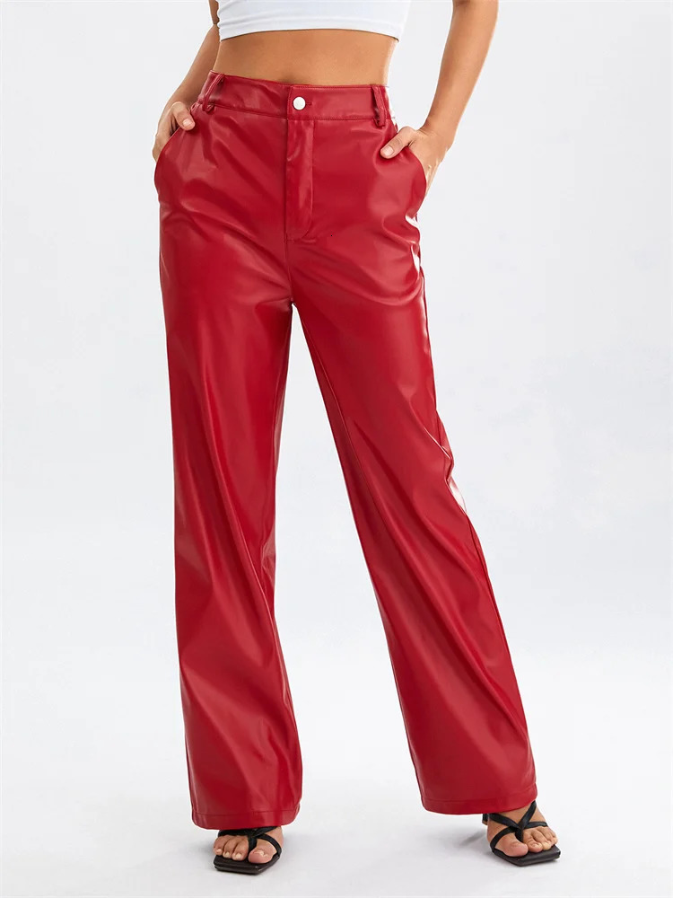 Womens PU Leather Long Pants Solid Color High Waist Wide Leg Straight Pants Summer Autumn Vintage Elegant Loose Trousers Fashion 250305