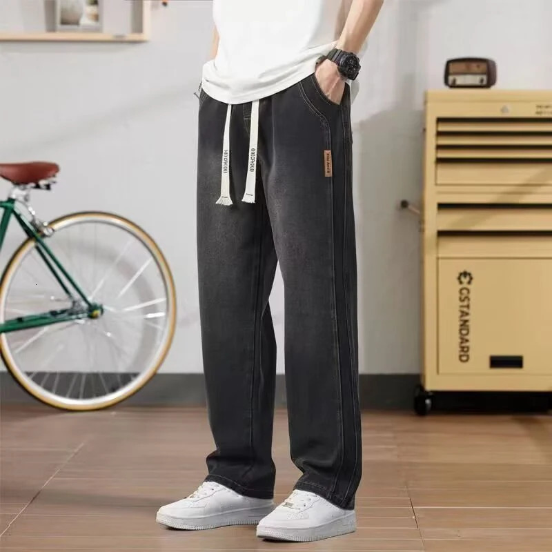 Spring Autumn Mens Stylish Sports Casual Denim Pants Baggy Wide Leg Streetwear Trousers Classic Elastic Waist Jeans 250311
