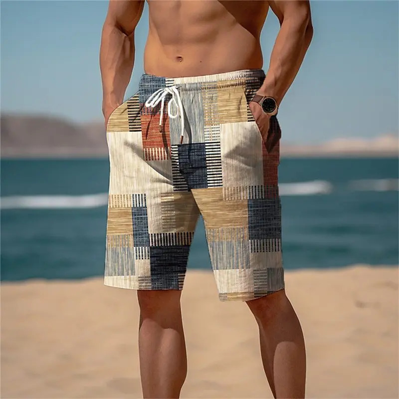 Summer Hawaiian Beach Shorts Holiday Casual Colorful Plaid Print Sportswear Quick Drying Trunks Ice Shorts Hawaii Swimsuit 250310