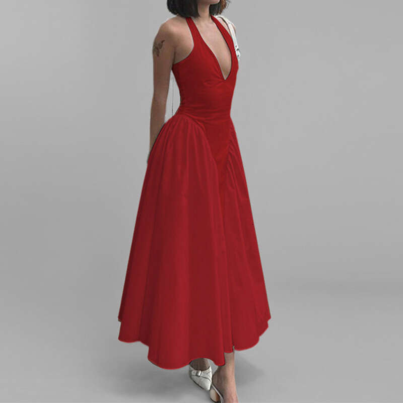 2025 Spring Women's Solid Color Sexy Deep V Hollow Hanging Neck Style Dress KLMY