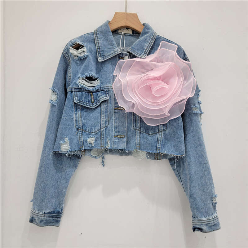 Three Dimensional Flower Fashion Tie Dye Personalized Perforated Pink Short Denim Women's Stylish Jacket