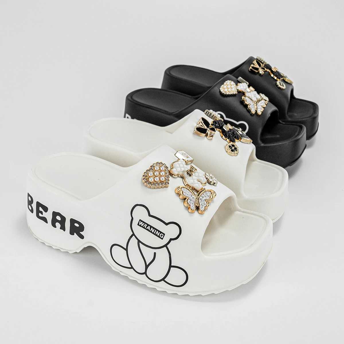 New Black and White Bear Thick-Soled Wedge Heel Womens Sandals and Slippers E19XJ250311