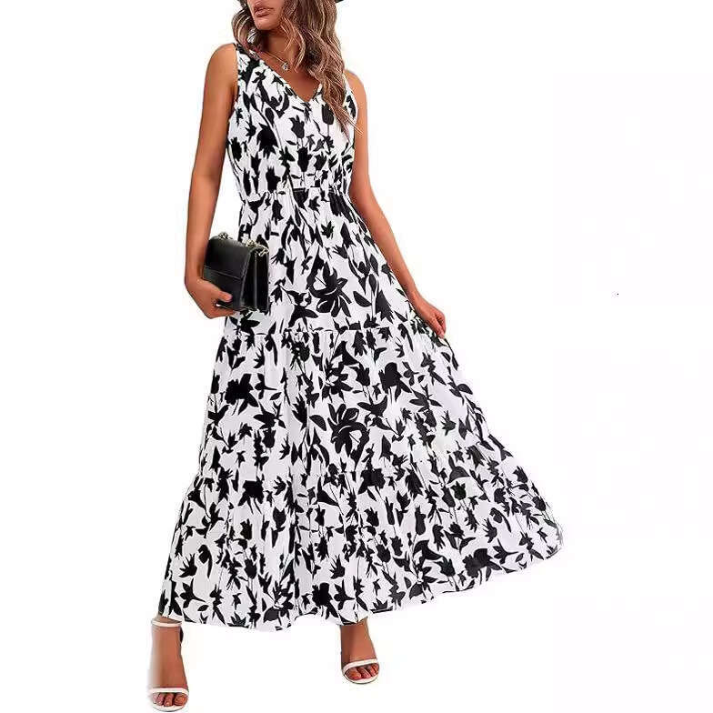 popular European American women's V-neck elastic waist casual sleeveless printed dress 2025 new style chic and elegant clothing