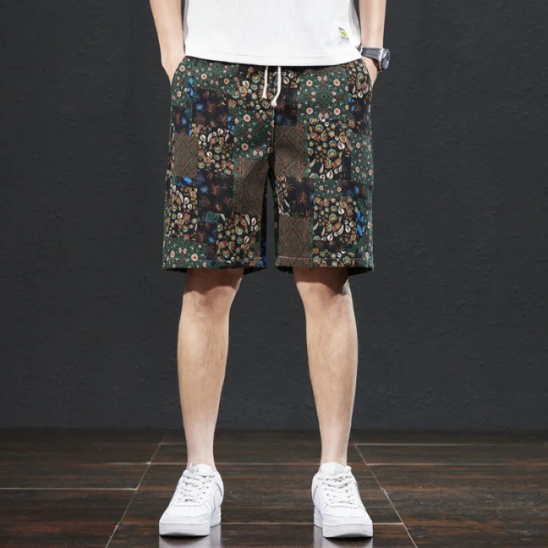 Beach pants mens summer thin ethnic style printed capris trendy loose elastic breathable s shorts 250310
