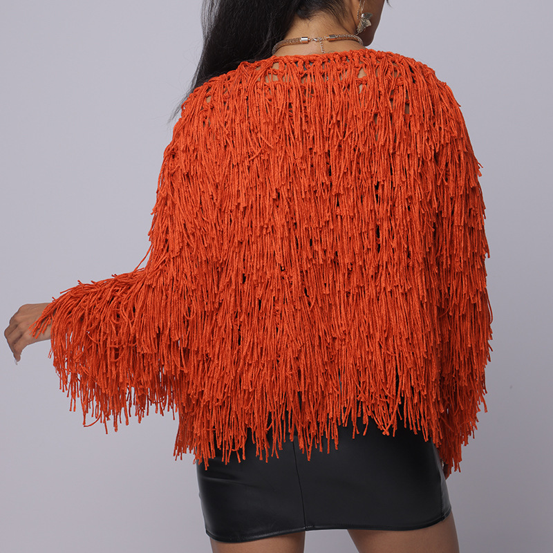 Women's New Spring Outfit, Hand Hooked Loose Tassel Hollow Out Solid Color Knitted Cardigan Sweater Short Jacket