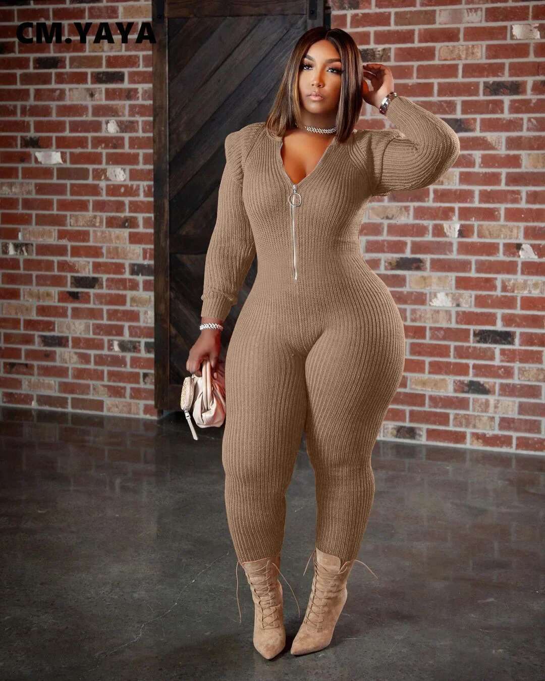 Cm.Yaya Winter Spring Knitted Women Zipper Fly Hooded Solid Sexy Jumpsuit Elegant Long Sleeve Romper One Piece Overalls Playsuit