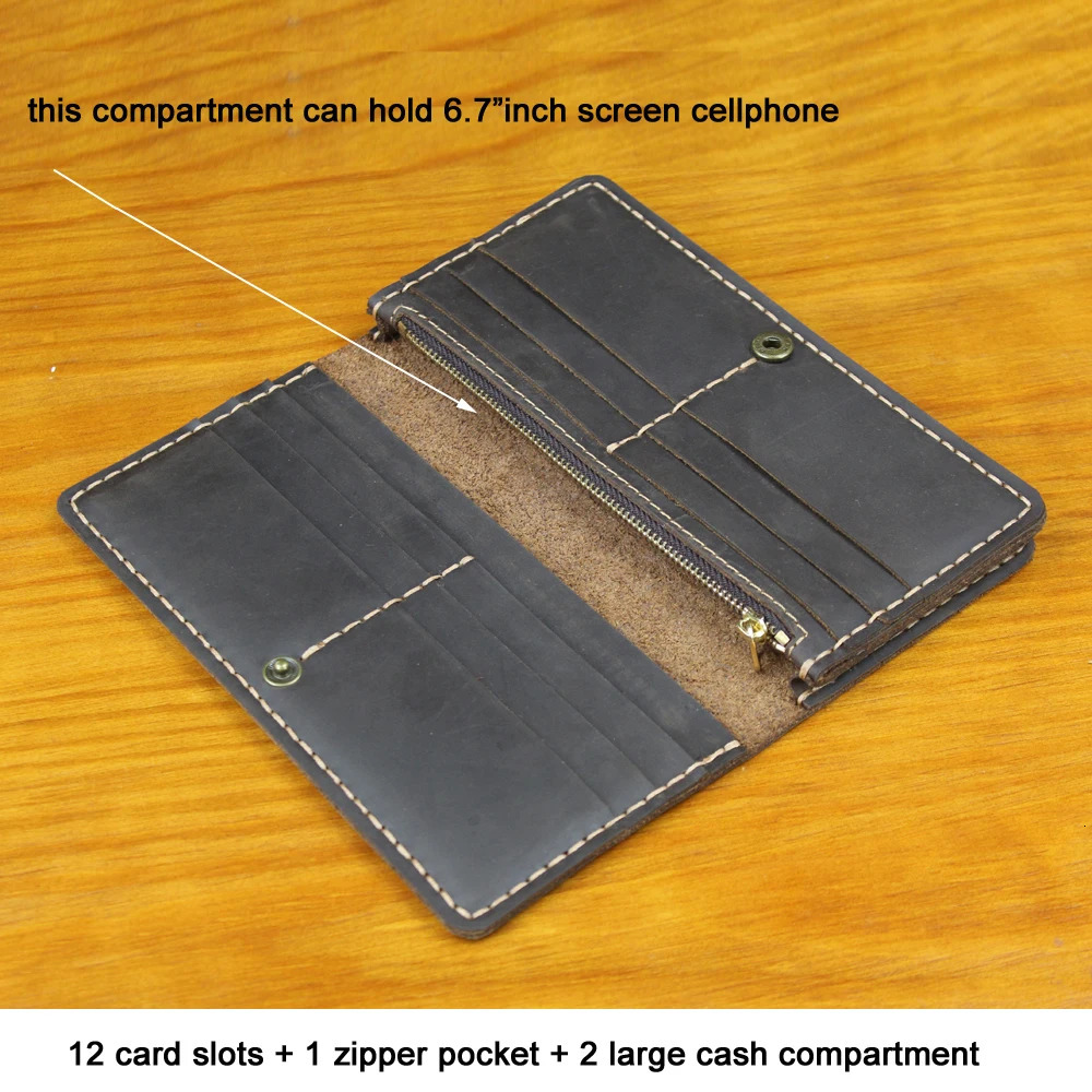 y Handmade Genuine Leather Mens Long Wallet Clutch Bag Large Capacity Male Purse Money Clips Vintage Phone Case 250311