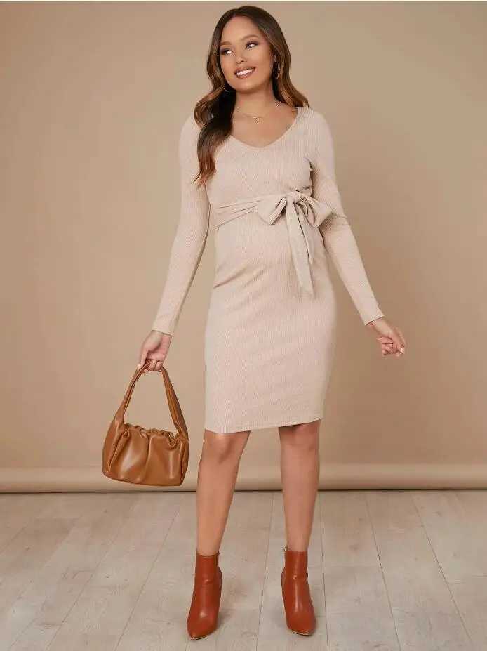 Knit Pregnant Womens V Neck Belted Bodycon Dress Shooting Pregnancy Tight Long Sleeve Elastic Skirt For Maternity Casual ClothesT250311