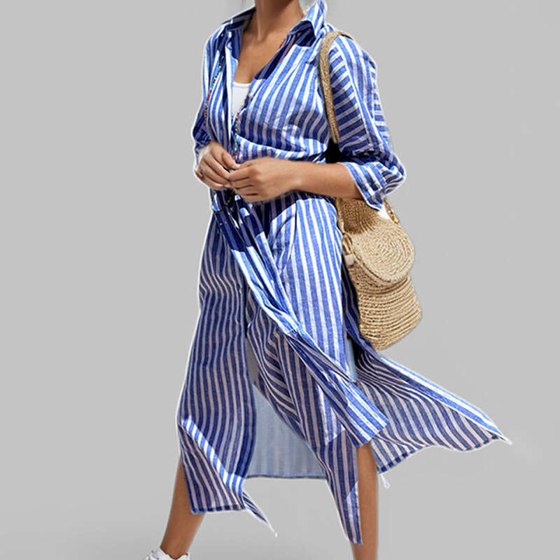 Women's Clothing 2025 Spring Fashion New Striped Cardigan Seven Quarter Sleeve Shirt Collar Dress KLMY