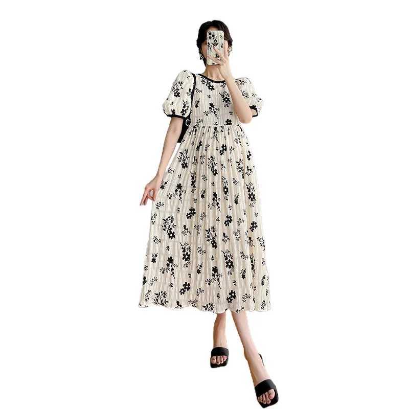 Maternity Dresses New 2022 Summer Temperament Pleated Casual Dress Korean Loose Floral Short-sleeved Fashion Pregnancy SkirtT250311