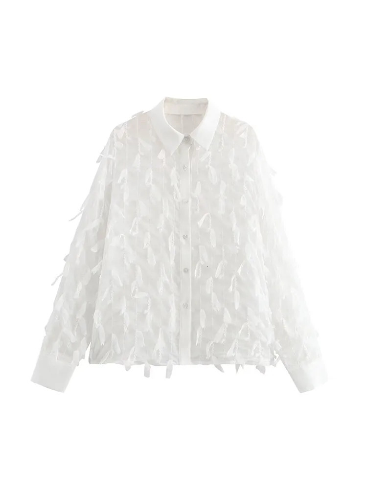 Autumn Arrivals Womens Clothing Tassel Fashionable and Versatile Translucent Long Sleeve White Lapel Shirt 250310