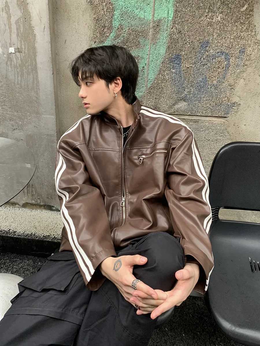 Men Retro Black Brown Striped Faux Leather Jacket Male High Quality Motorcycle PU Coat Plus Size Male Zipper Streetwear Top XXLT250311