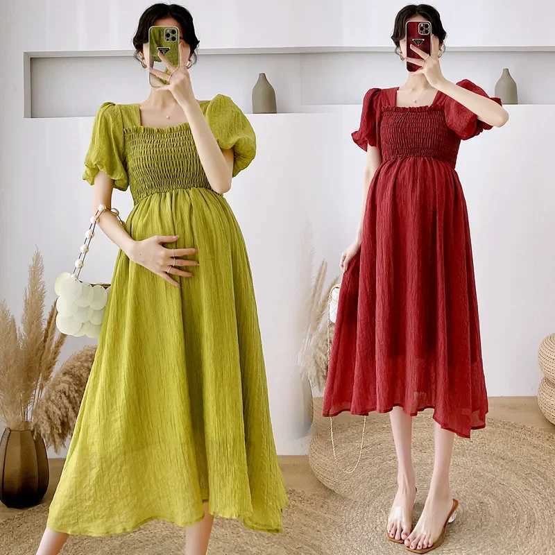 Red Green Maternity Summer Clothes Short Sleeve Square Collar Pregnant Woman Chiffon Dress Elegant Party Dress Pregnancy DressesT250311
