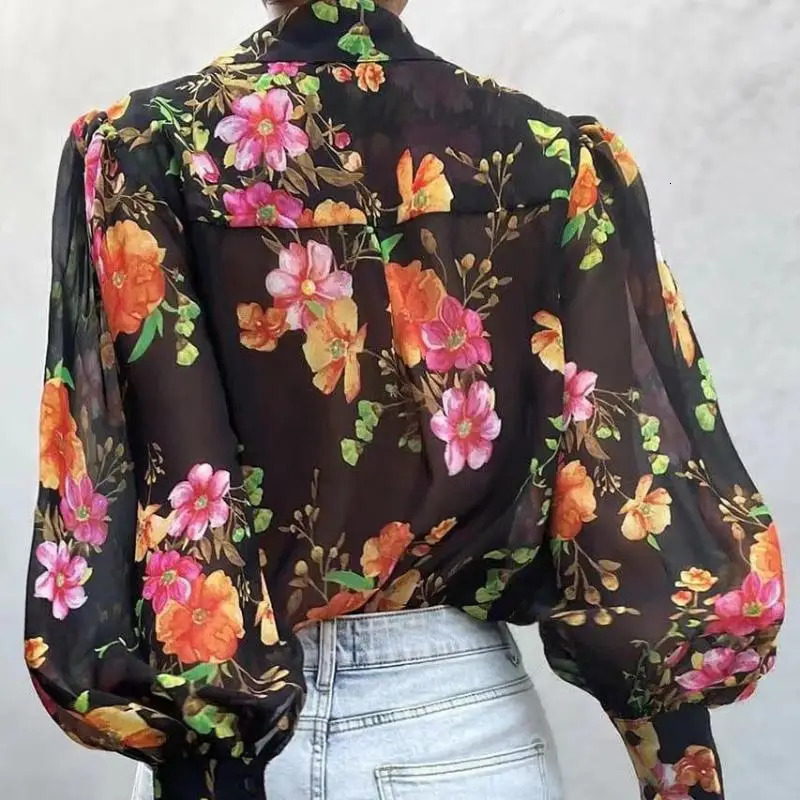 Stylish Long Sleeve Floral Print Chiffon Shirts Women Elegant Loose Blouse Button Up Casual Lady Blouses Vintage Tops 8638 250310