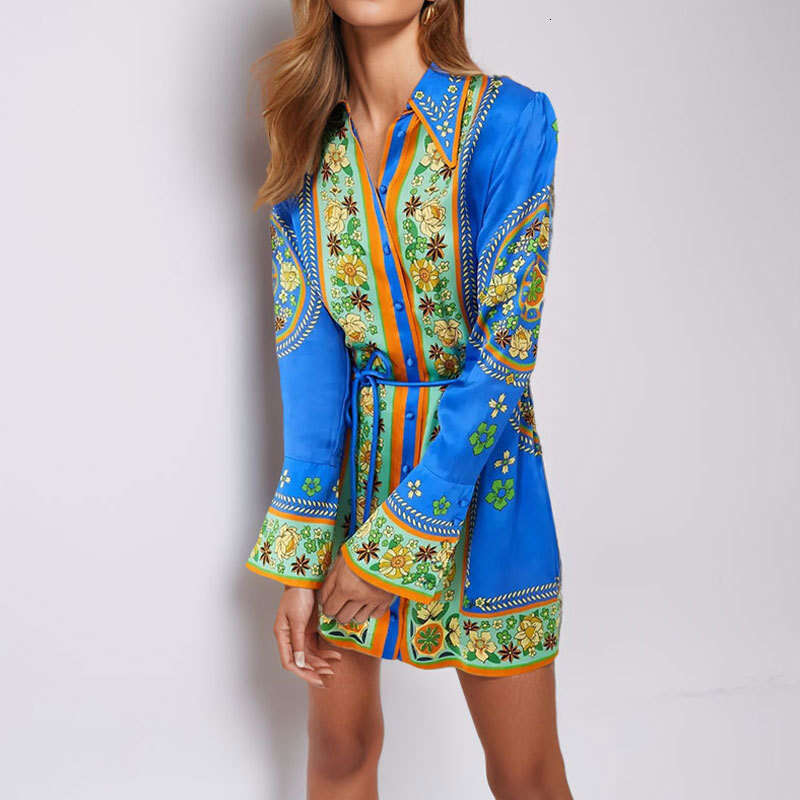 Women's Clothing 2025 Spring New Style Temperament Lapel Print Fashionable Lace Up Long Sleeved Dress KLMY