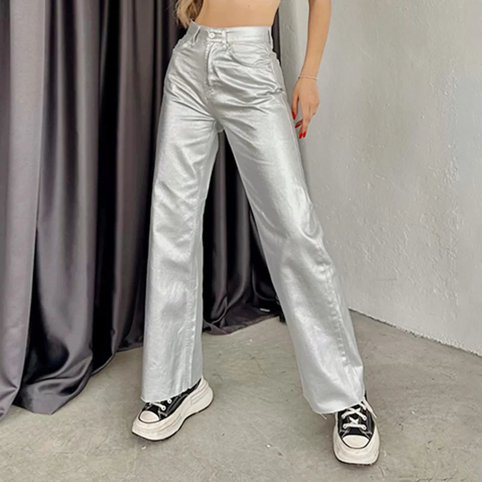 Womens Fashion Gold Silver High Waist Straight Pants Vintage Pockets Elegant Loose Fit Womens Shiny Pants Trousers 250305