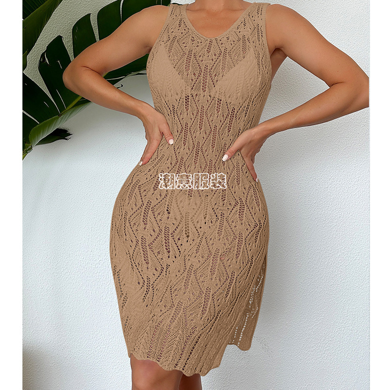 New Women's Mid To Long Sexy Hollow Solid Color Vest Dress, Fashionable Side Slit Beach Skirt