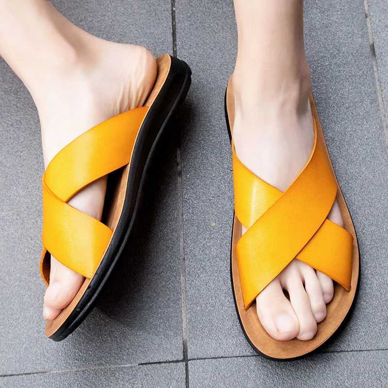 2023 Womens Real Leather Slippers Summer New Black White/red/yellow Cross Over Slippers Mens Leisure Comfort Flat SandalsXJ250311