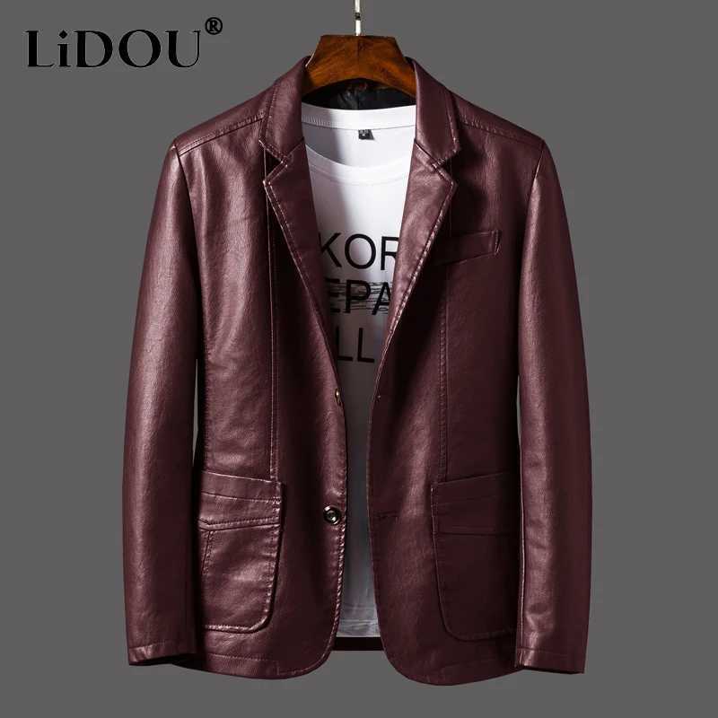 Autumn Winter New Solid Color Fashion Tailored Collar Leather Clothing Man High Street Casual Button Patchwork Pockets OutwearT250311