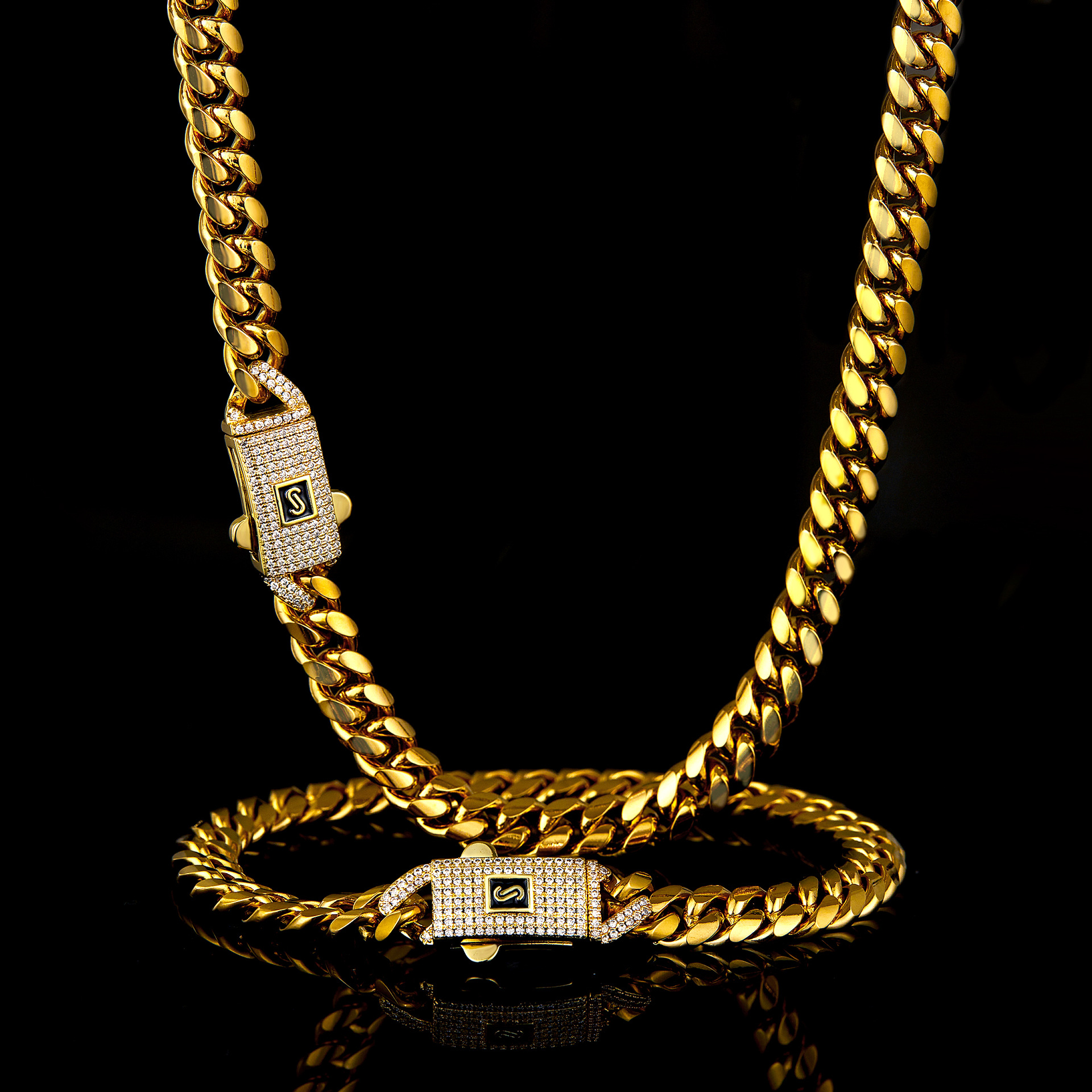 Hip Hop Solid Stainless Steel Cuban Chain Necklace Bracelet Jewelry Spring Clasp Accessories