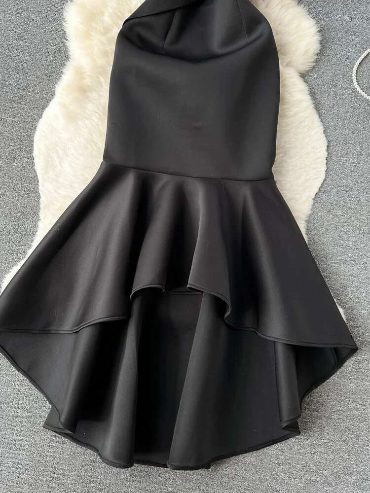XFPV Women's A-E Splice Irregular Party Dress 2025 Spring Summer Fashion Short Sleeved High Waist Black Evening Dresses Sm003